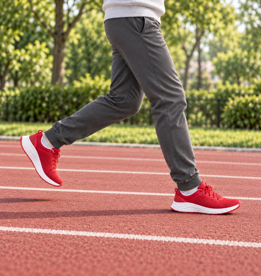 A person jogging on an outdoor running track in sporty clothes and sneakers