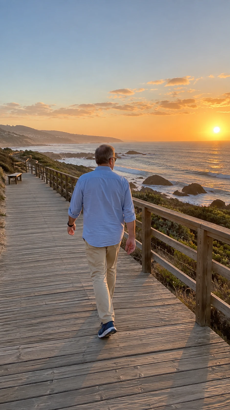 Man walking along a coastal boardwalk