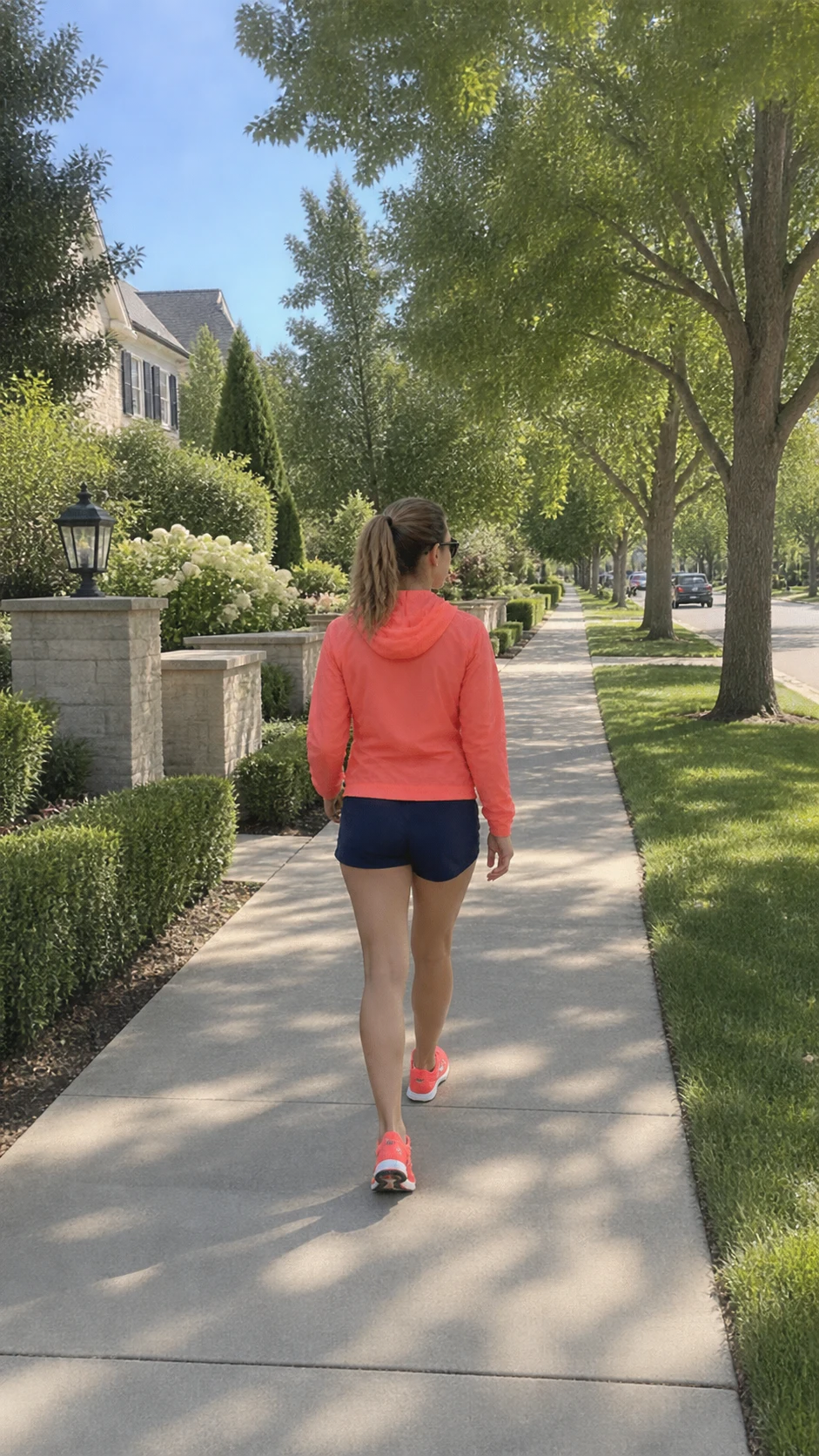 Woman walking along a sunny neighborhood sidewalk